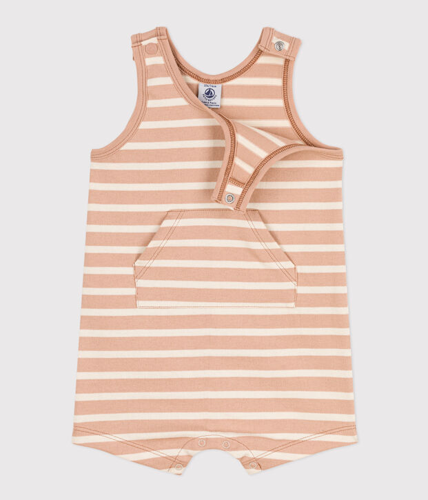 &Auml;rmelloser Baby-Kurzoverall aus dickem gestreiftem Jersey beige/naturfarben