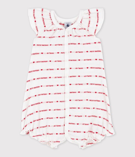 Baby-Kurzoverall von Petit Bateau – seitlicher Aufdruck „Je t’aime“. weiss MARSHMALLOW/rot TERKUIT