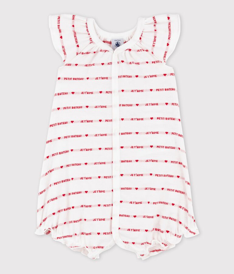 Baby-Kurzoverall von Petit Bateau &ndash; seitlicher Aufdruck &bdquo;Je t&rsquo;aime&ldquo;. weiss/rot