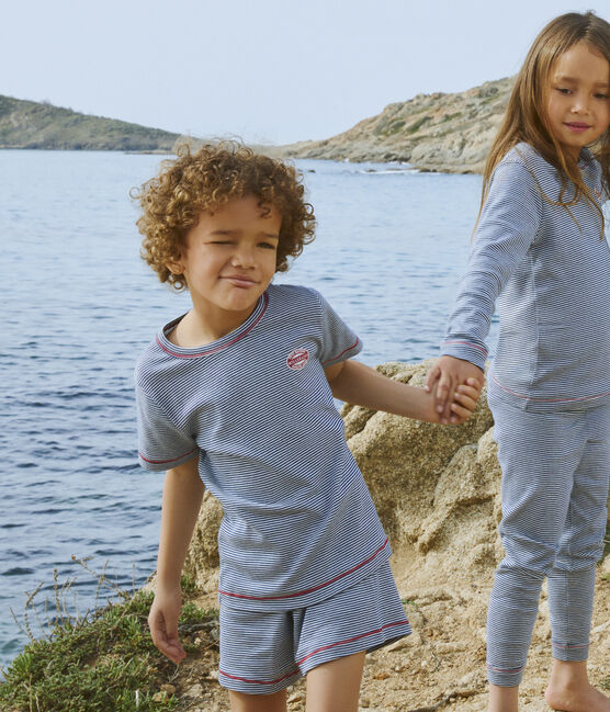 Kinder-Kurzpyjama aus Baumwolle mit Ringelstreifen für Jungen blau MEDIEVAL/weiss MARSHMALLOW
