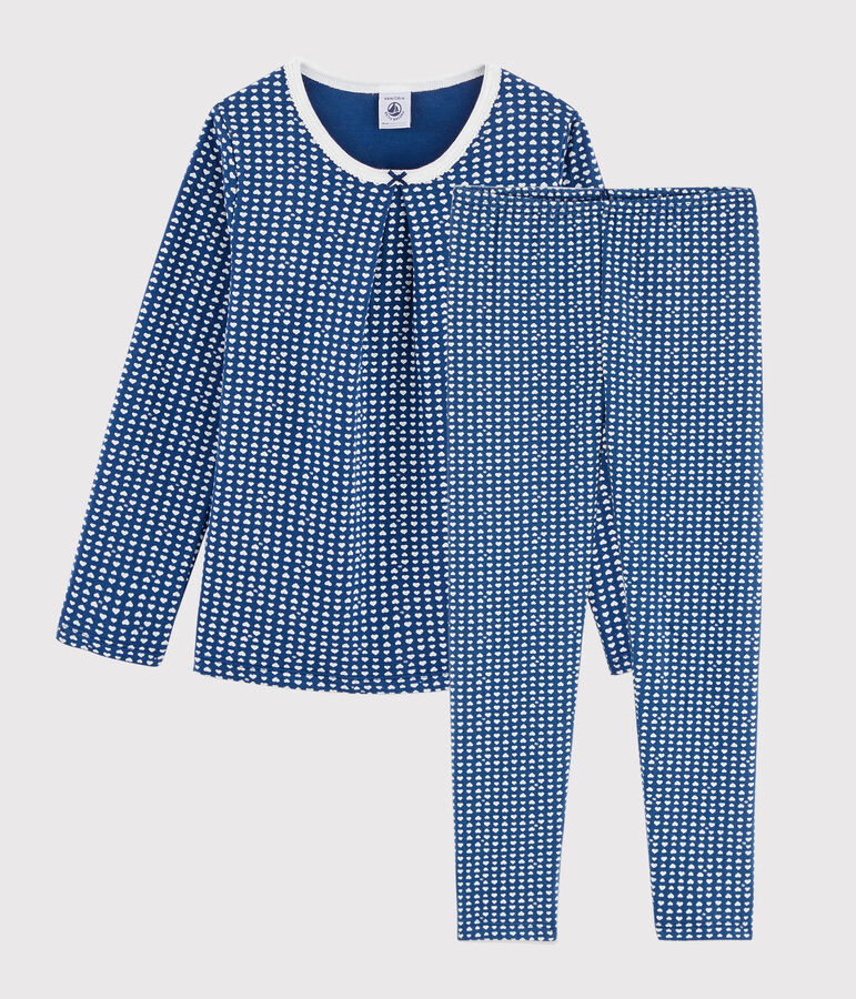 Kinderpyjama aus Doppeljersey mit Herzchen-Print f&uuml;r M&auml;dchen blau/weiss