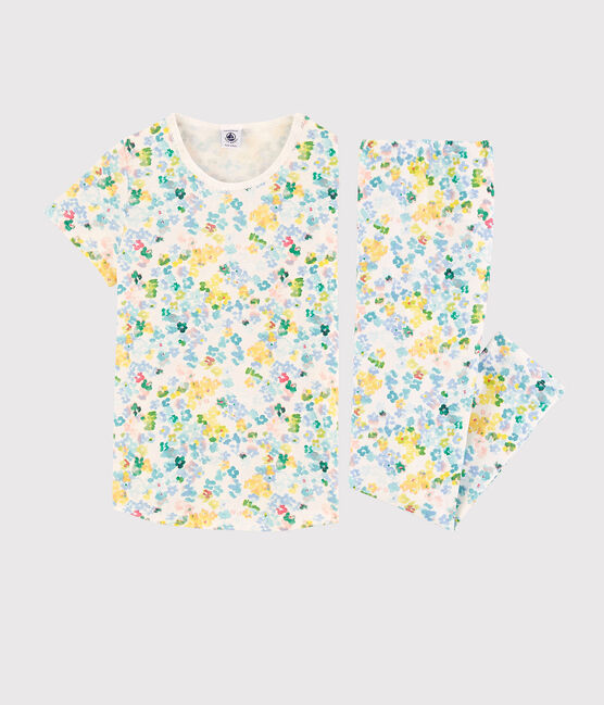 Kinderpyjama aus Baumwolle mit Blumenmuster im Aquarell-Stil für Mädchen weiss MARSHMALLOW/weiss MULTICO