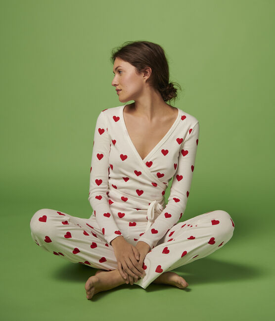 Wickel-Cardigan aus Baumwolle mit modischer Herzapplikation für Damen weiss MARSHMALLOW/rot TERKUIT