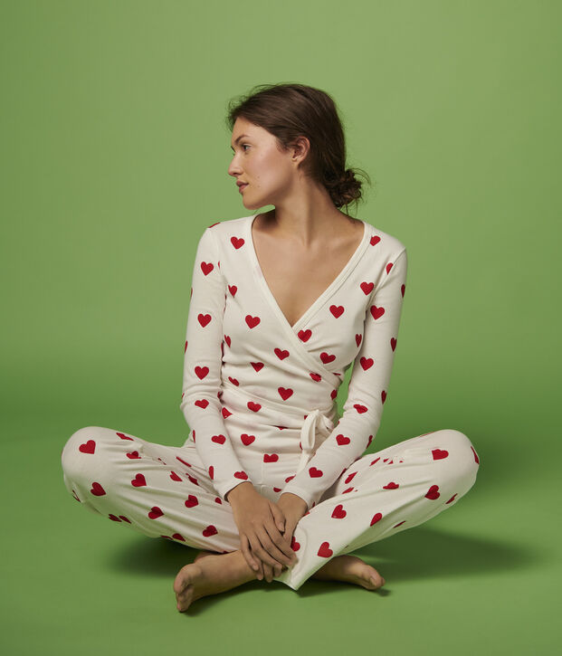 Wickel-Cardigan aus Baumwolle mit modischer Herzapplikation f&uuml;r Damen weiss/rot
