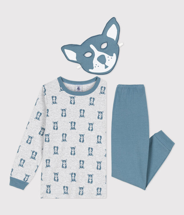 Kinderpyjama aus Baumwolle Hund mit Maske grau/blau
