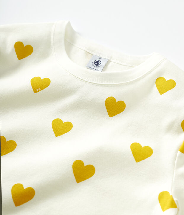 Baumwoll-T-Shirt mit Rundhalsausschnitt und Herz-Applikation Damen weiss/gelb