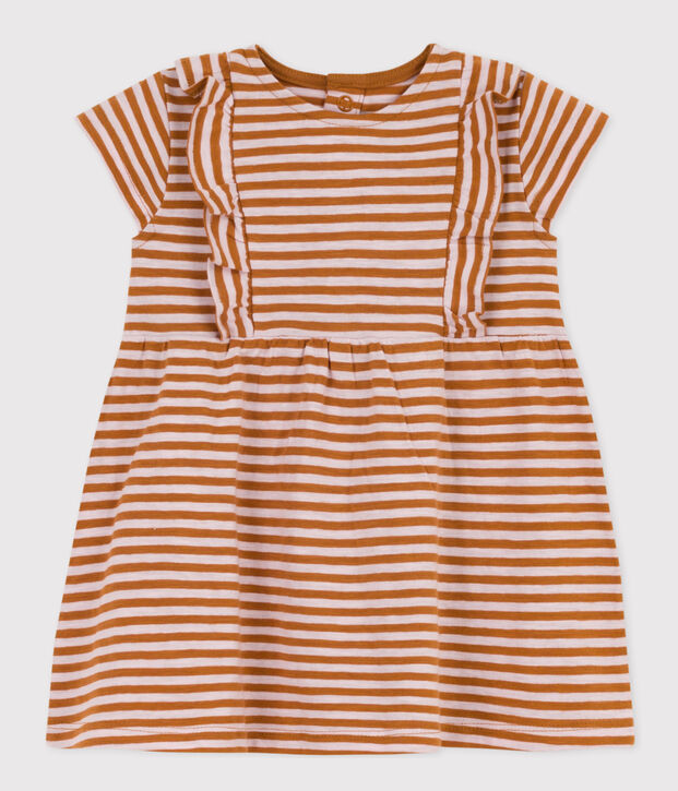 Kurz&auml;rmeliges Babykleid aus gestreiftem geflammtem Jersey braun/rosa