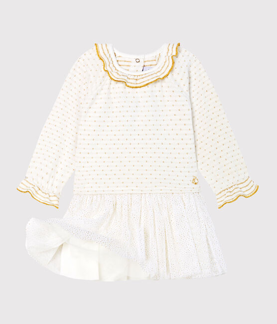 Langärmeliges Babykleid aus Materialmix für Mädchen weiss MARSHMALLOW/gelb OR