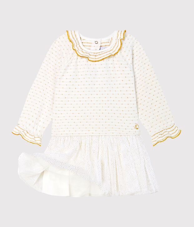 Lang&auml;rmeliges Babykleid aus Materialmix f&uuml;r M&auml;dchen weiss/gelb