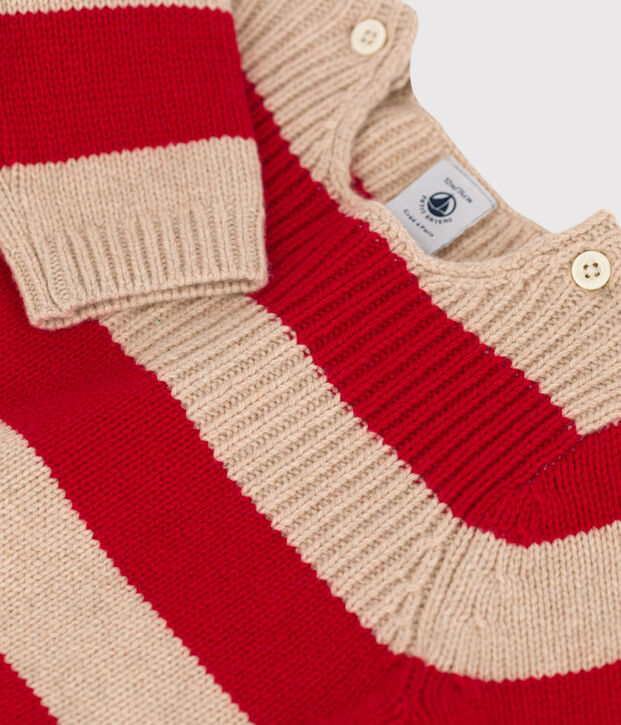 Babypullover aus Woll und Baumwollstrick beige/rot