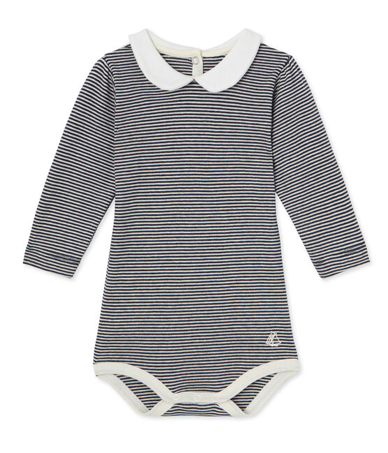 Baby-Mädchen-Body mit Milleraies-Ringelmuster blau SMOKING/beige COQUILLE