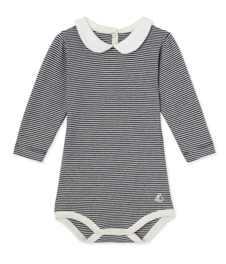 Baby-M&auml;dchen-Body mit Milleraies-Ringelmuster blau/weiss