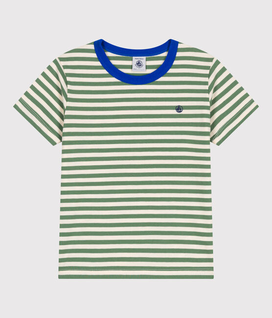 Kurzärmeliges Kinder-T-Shirt aus Baumwolle mit Streifen grün PALMERAIE/ AVALANCHE