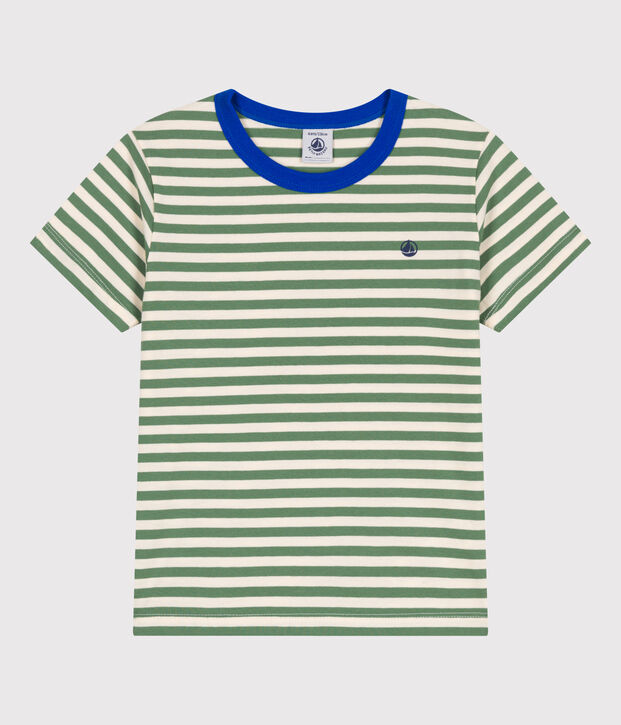 Kurz&auml;rmeliges Kinder-T-Shirt aus Baumwolle mit Streifen gr&uuml;n/naturfarben