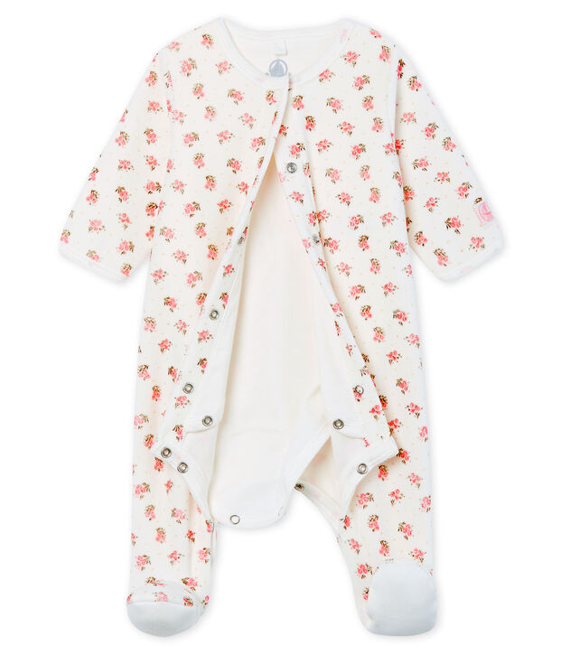 Baby-Bodyjama aus Velours f&uuml;r M&auml;dchen weiss/vielfarbig