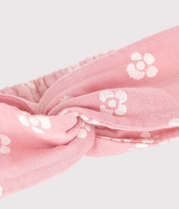 Kinderstirnband aus Baumwollgaze mit Blumendruck rosa/weiss