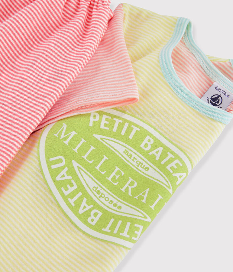 Kinder-Kurzpyjama aus Rippstrick mit bunten Streifen f&uuml;r M&auml;dchen gelb SUNNY/weiss MULTICO