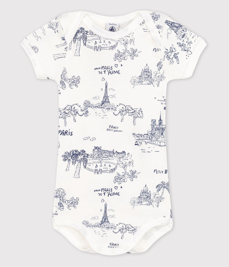 Kurz&auml;rmeliger Baby-Body f&uuml;r M&auml;dchen weiss MARSHMALLOW/blau MEDIEVAL