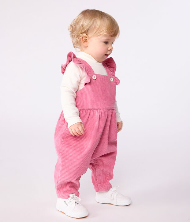 Langbeinige Baby-Latzhose aus einfarbigem Fein-Cord mit Volants rosa