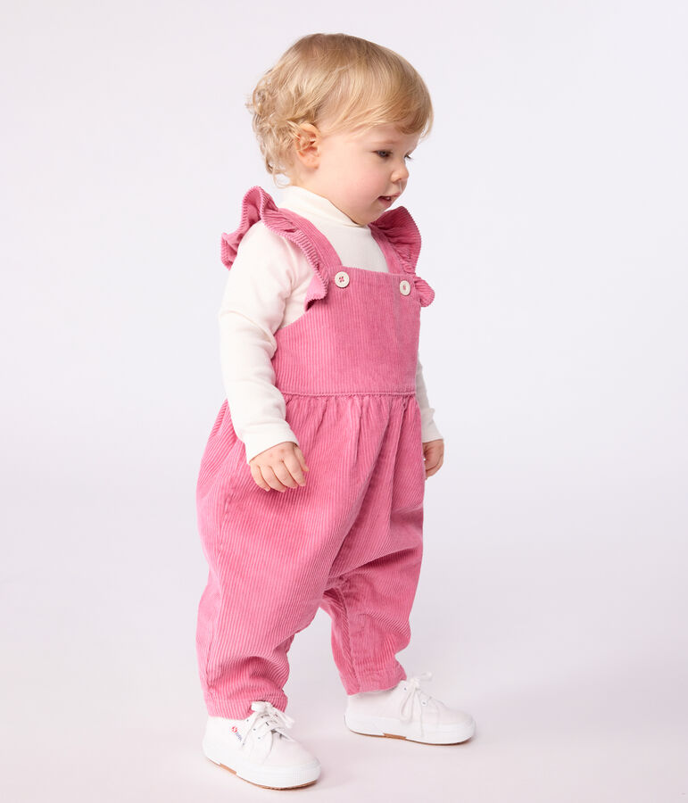 Langbeinige Baby-Latzhose aus einfarbigem Fein-Cord mit Volants rosa