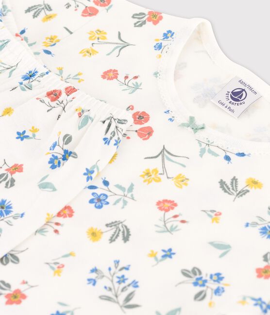 Kurzärmeliger Kinderpyjama aus Baumwolle mit Blumen für Mädchen weiss MARSHMALLOW/weiss MULTICO