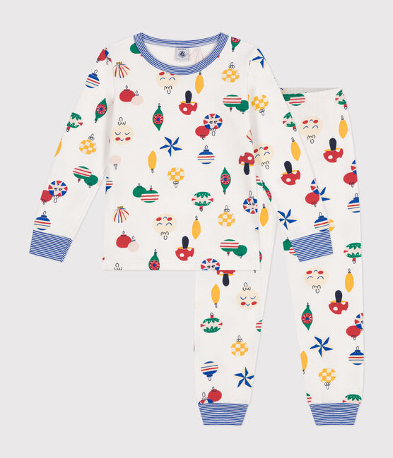 Kinder-Pyjama aus aufgerautem Molton mit Weihnachtskugel-Motiv weiss MARSHMALLOW/weiss MULTICO