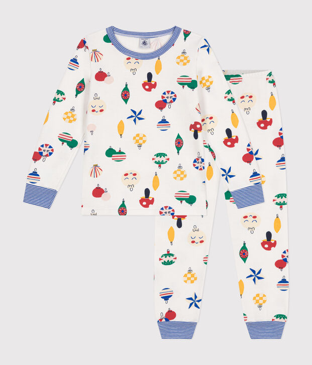 Kinder-Pyjama aus aufgerautem Molton mit Weihnachtskugel-Motiv weiss/vielfarbig