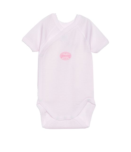 Wickelbody für Mädchen, Kurzarm, geringelt rosa VIENNE/weiss ECUME