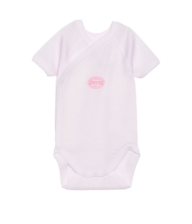 Wickelbody f&uuml;r M&auml;dchen, Kurzarm, geringelt rosa/weiss