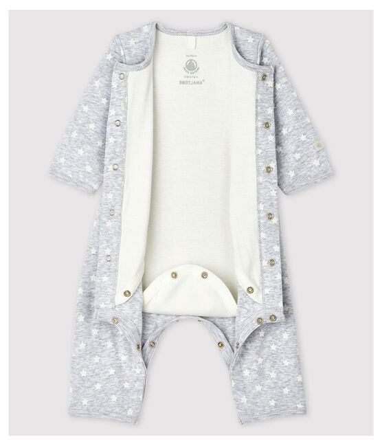 Fußloser Baby-Bodyjama aus Bio-Baumwolle  grau POUSSIERE/weiss MARSHMALLOW