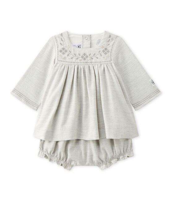 Besticktes Baby-Mädchen-Kleid aus Twill mit Bloomers grau GRIS CHINE