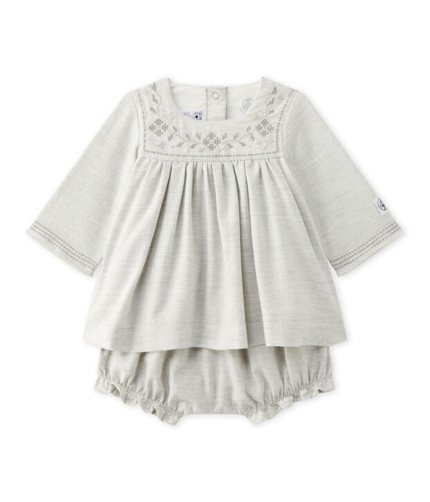 Besticktes Baby-M&auml;dchen-Kleid aus Twill mit Bloomers grau