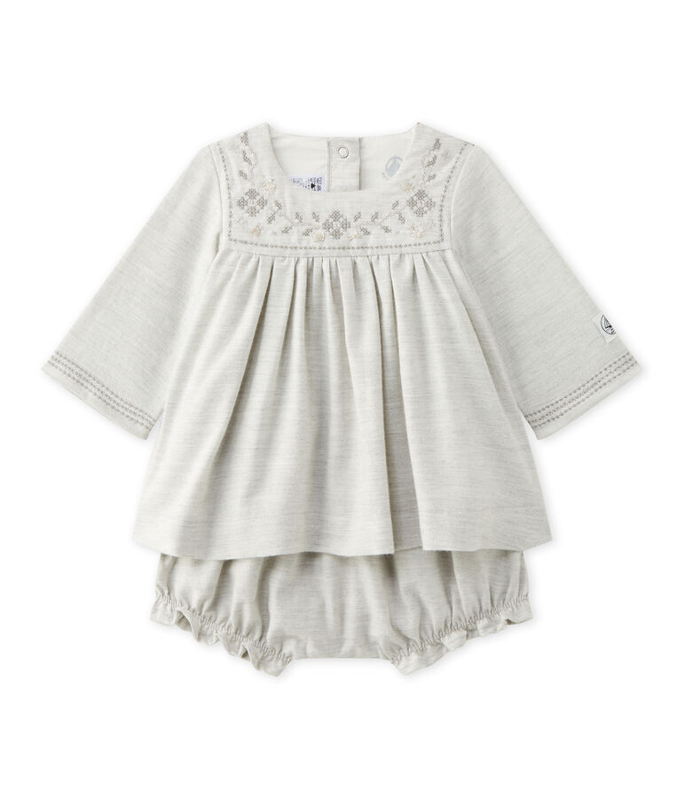Besticktes Baby-M&auml;dchen-Kleid aus Twill mit Bloomers grau GRIS CHINE