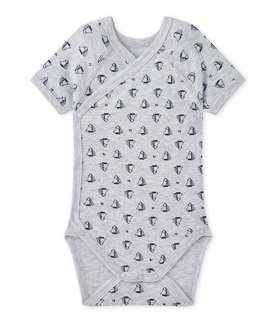 Bedruckter Baby-Jungen-Wickelbody mit kurzen Ärmeln grau POUSSIERE/blau MEDIEVAL
