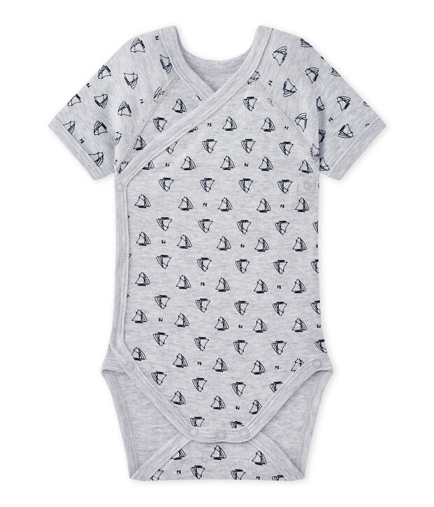Bedruckter Baby-Jungen-Wickelbody mit kurzen &Auml;rmeln grau/blau