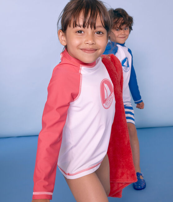 Sonnenschutz-T-Shirt Mädchen und Jungen weiss MARSHMALLOW/rosa CUPCAKE