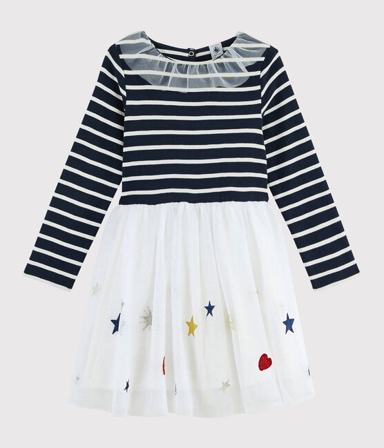 Langärmeliges Kinderkleid für Mädchen blau SMOKING/weiss MULTICO