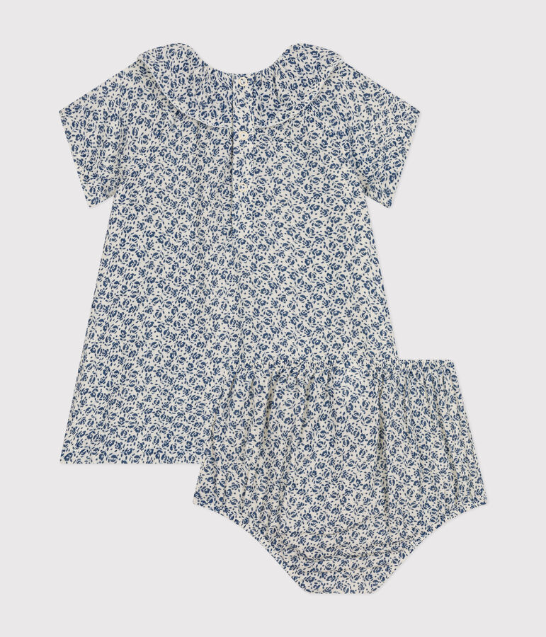 Kurz&auml;rmeliges Babykleid mit Bloomers aus Musselin naturfarben/blau