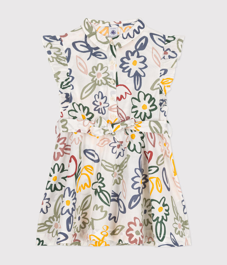 &Auml;rmelloses gemustertes Kinder-Kleid aus Popeline f&uuml;r M&auml;dchen weiss MARSHMALLOW/weiss MULTICO