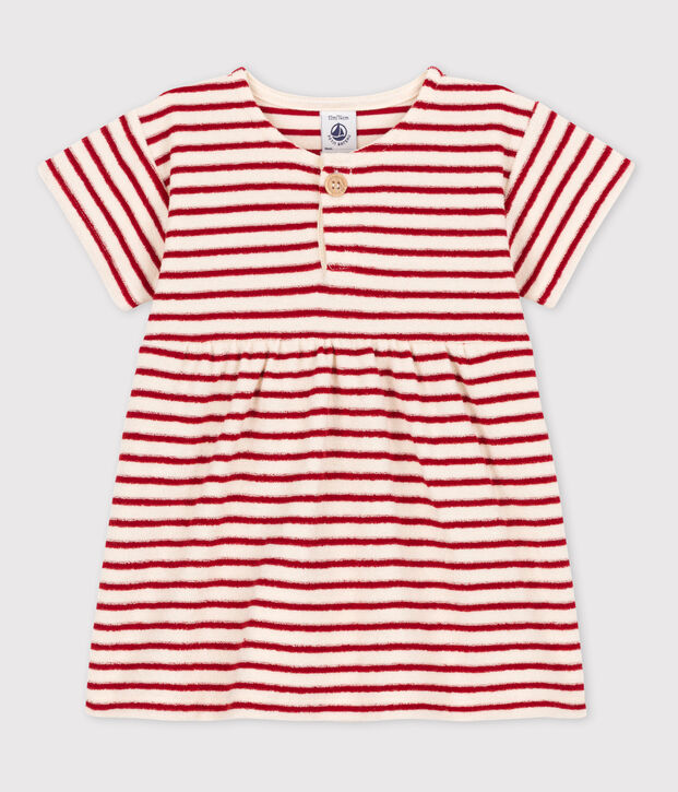 Kurz&auml;rmeliges Babykleid aus Frottee naturfarben/rot