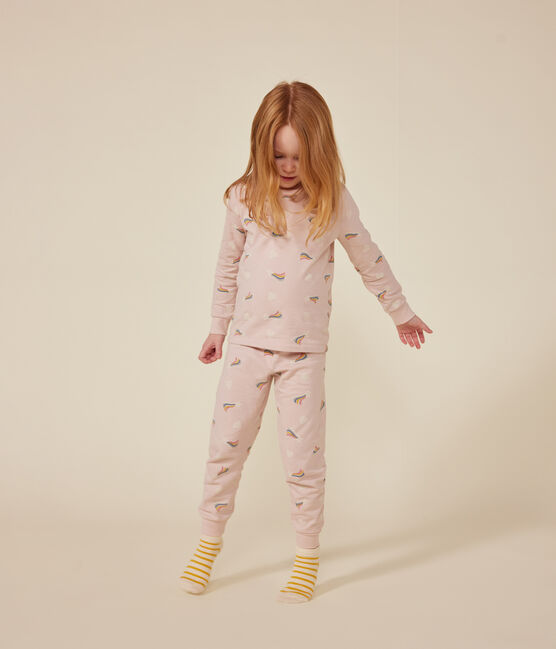 Kinder-Pyjama aus aufgerautem Molton mit Sternen und Herzen rosa SALINE/weiss MULTICO