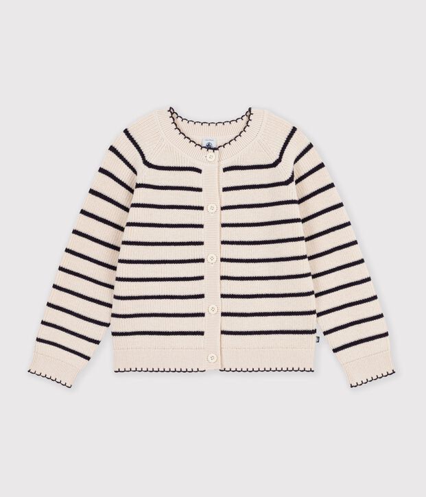 Kinder-Cardigan aus Baumwolle und Wolle mit Streifen naturfarben/blau