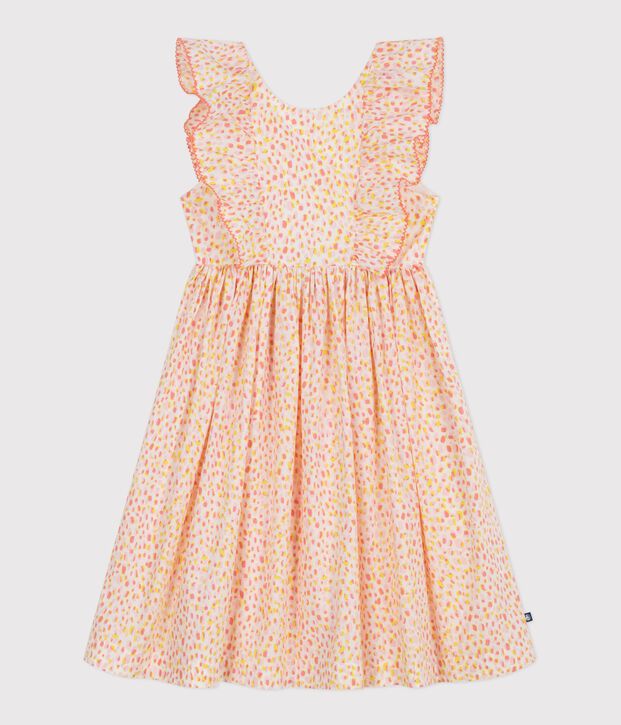 &Auml;rmelloses Kinder-Kleid mit freiem R&uuml;cken aus gemusterter Baumwolle weiss/vielfarbig