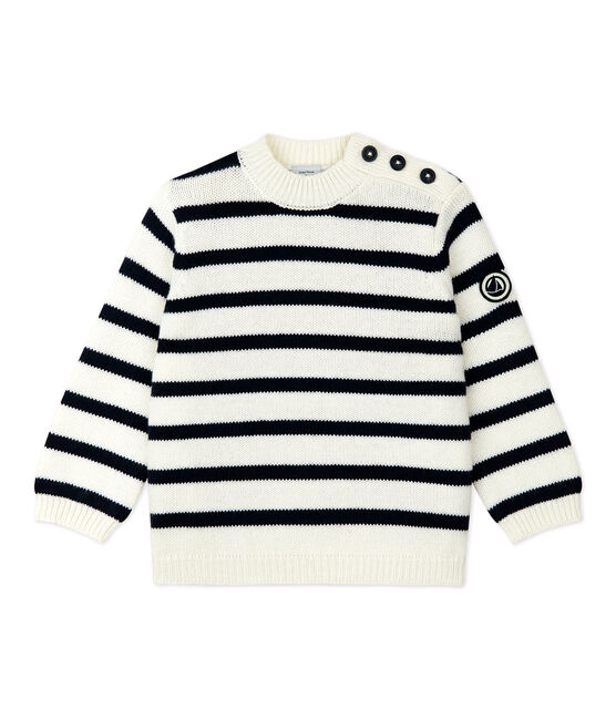 Baby-Pullover aus Wolle und Baumwolle. weiss MARSHMALLOW/blau SMOKING