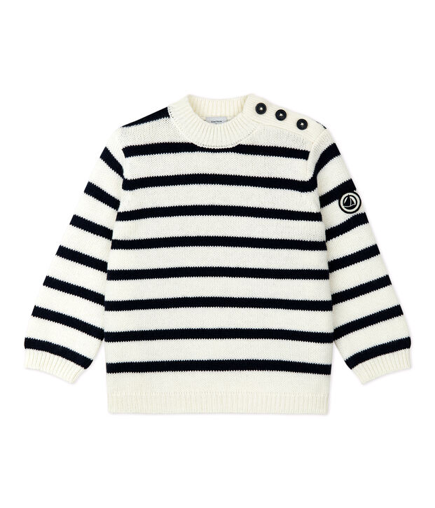 Baby-Pullover aus Wolle und Baumwolle. weiss/blau