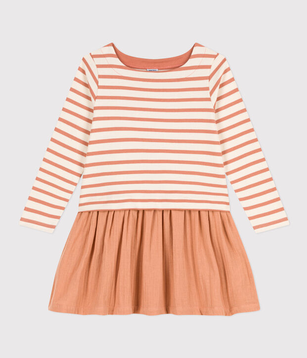 Kinder-Kleid aus dicker Baumwolle und Musselin-Stoff f&uuml;r M&auml;dchen naturfarben/rosa