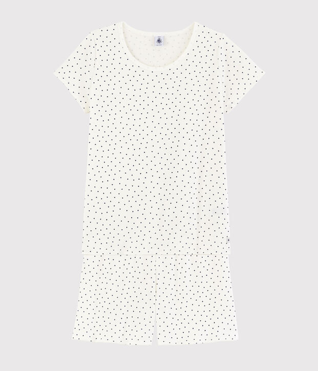 Kurzpyjama aus Baumwolle mit blauen Herzen f&uuml;r M&auml;dchen/Damen weiss/blau