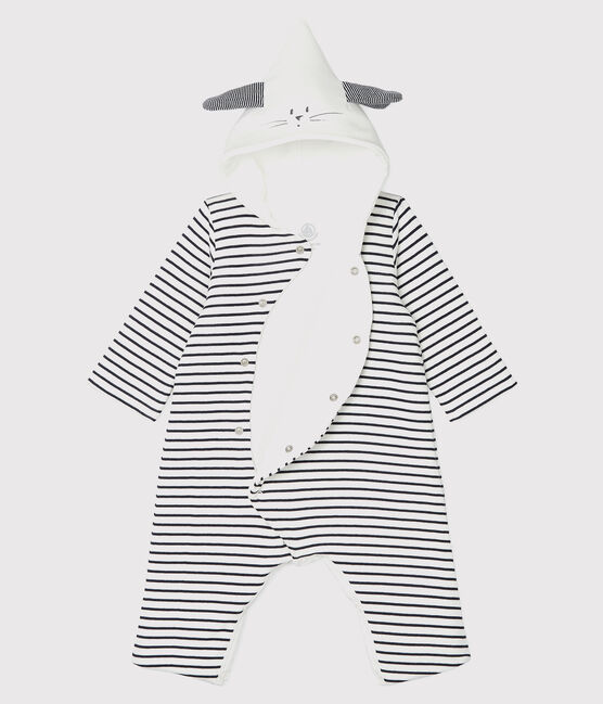 Langer, gestreifter Baby-Overall aus Bio-Baumwolle mit Kapuze weiss MARSHMALLOW/blau SMOKING