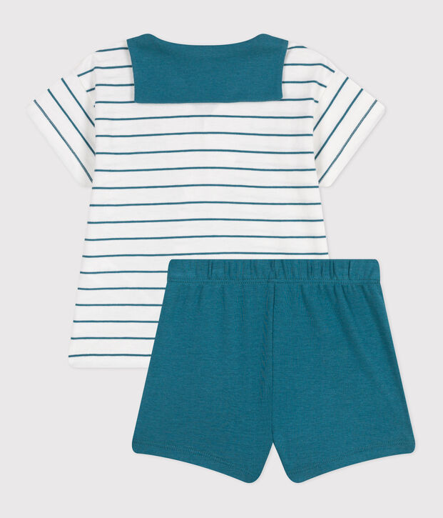 2-teiliges Baby-Set aus Baumwolle, gestreiftes T-Shirt und einfarbige Shorts gr&uuml;n/gr&uuml;n