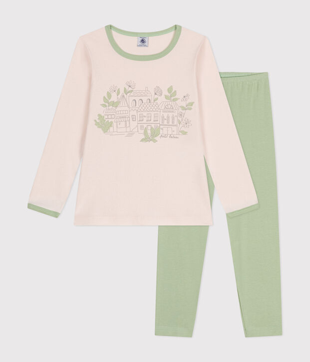 Lang&auml;rmeliger Pyjama f&uuml;r M&auml;dchen aus Baumwolle beige/gr&uuml;n